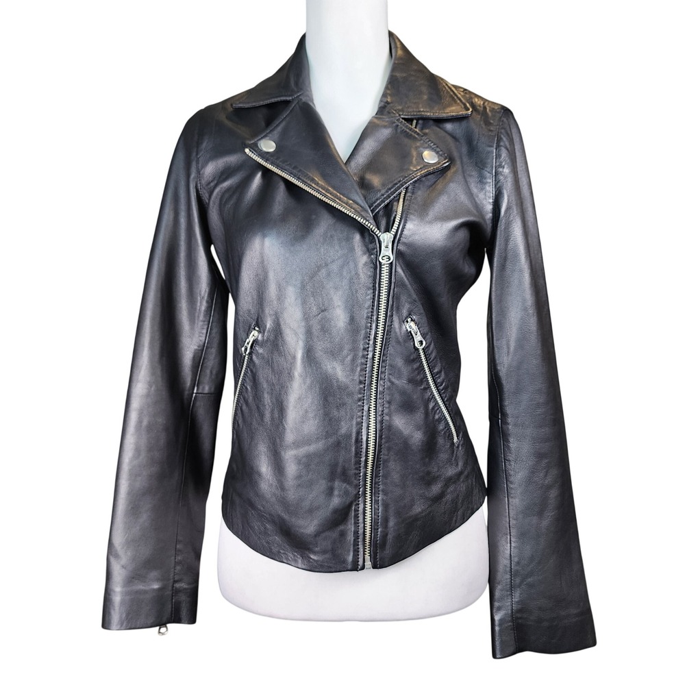 Quince Washed Leather Biker Jacket Women XS Black Moto Luxury Punk Grunge Casual